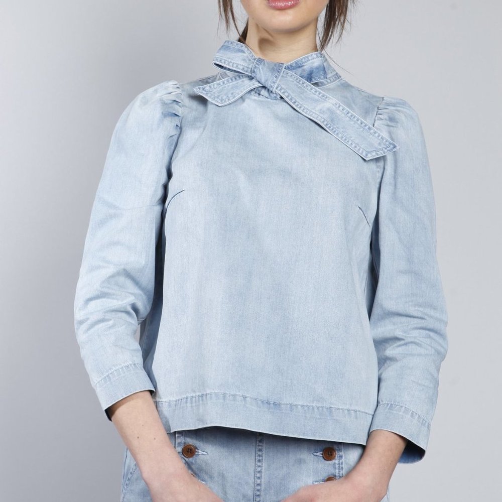 Ulla Johnson Denim Bow Tie Wes Blouse 0